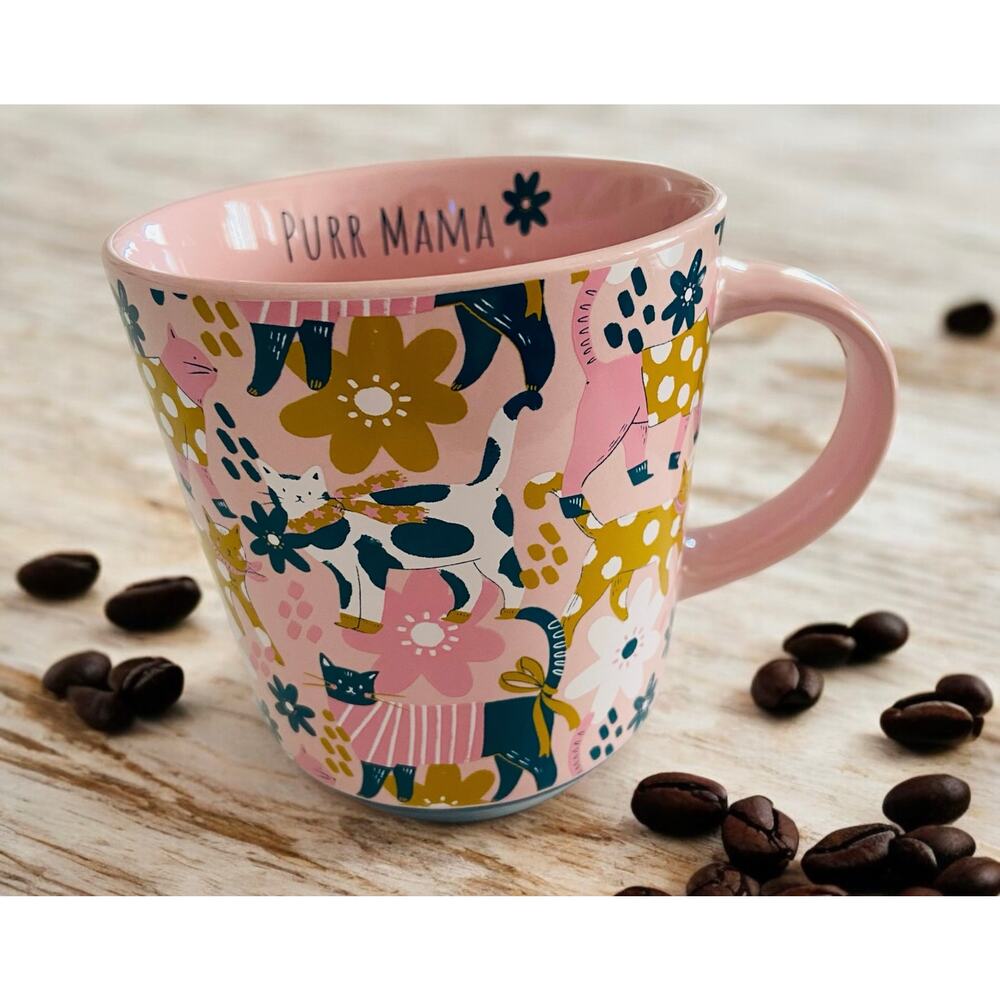 NEW Purr Mama Blue & Pink Cat Cats Yellow Flowers 16 oz Coffee Tea Kitten Mug